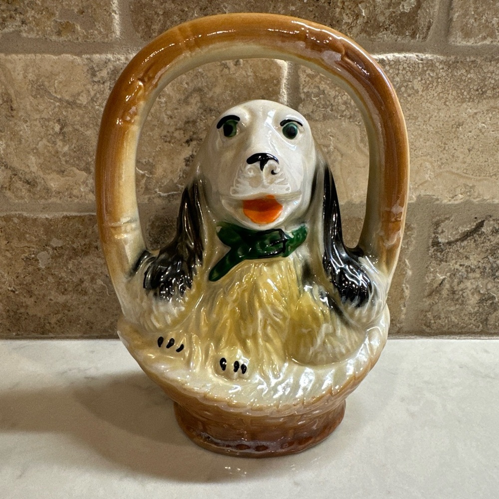 Vintage Ceramic Dog Basket Figurine